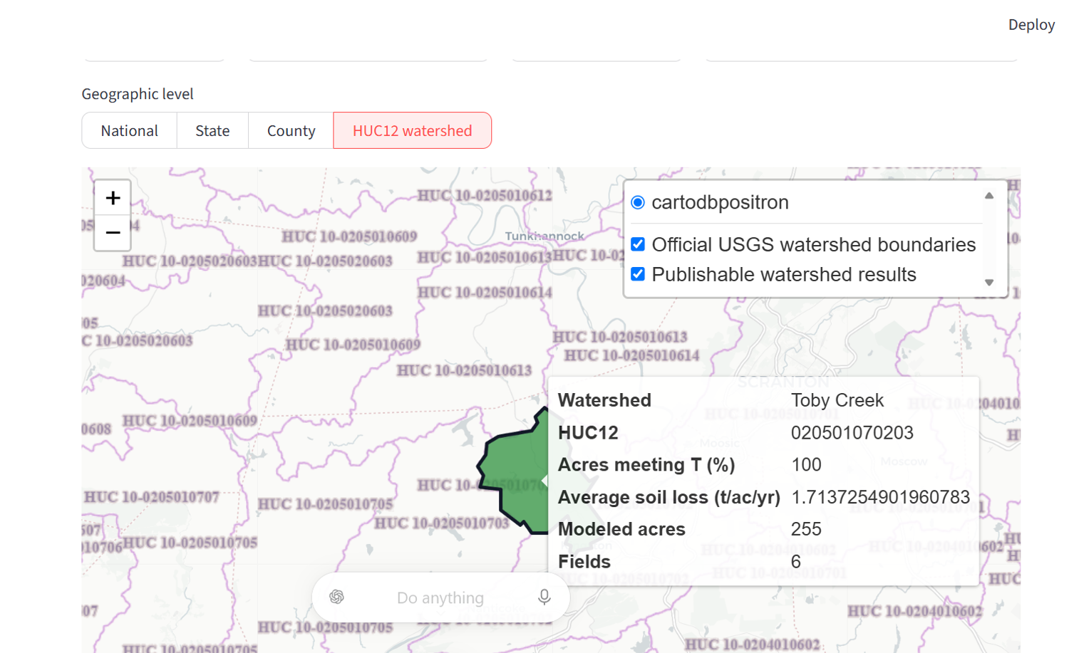 ContourStack future HUC12 erosion dashboard showing a privacy-qualified watershed aggregate and modeled conservation outcomes