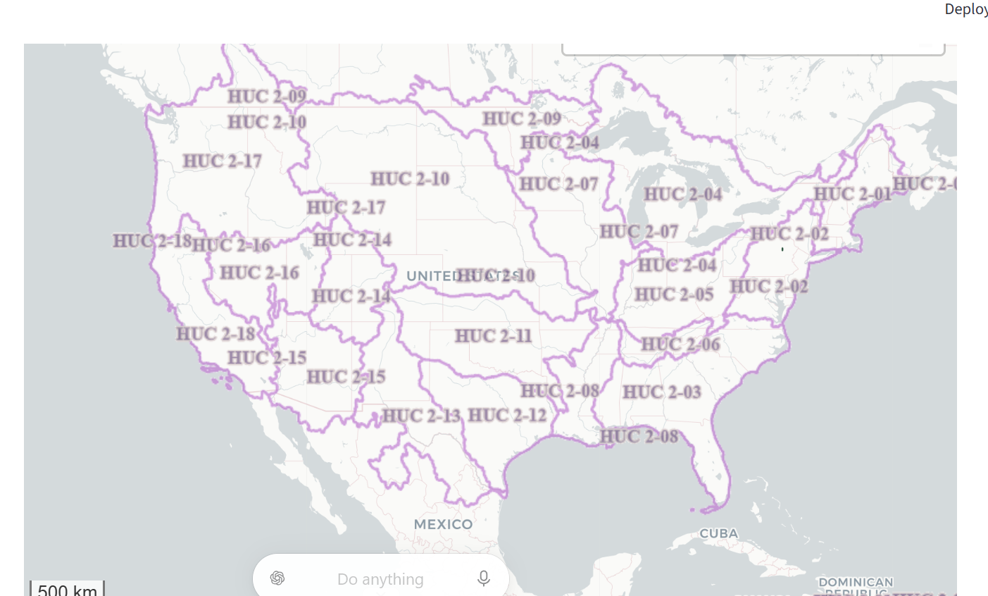 ContourStack future watershed dashboard showing official USGS hydrologic boundaries across the United States