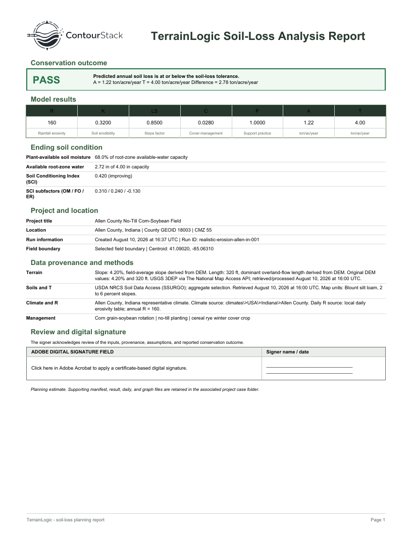 First page of a TerrainLogic soil-loss analysis report