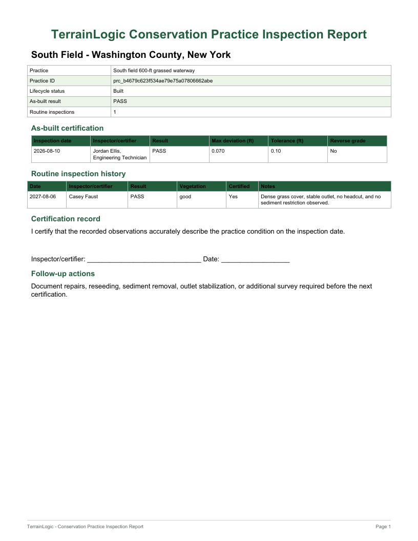 First page of a TerrainLogic conservation practice inspection report