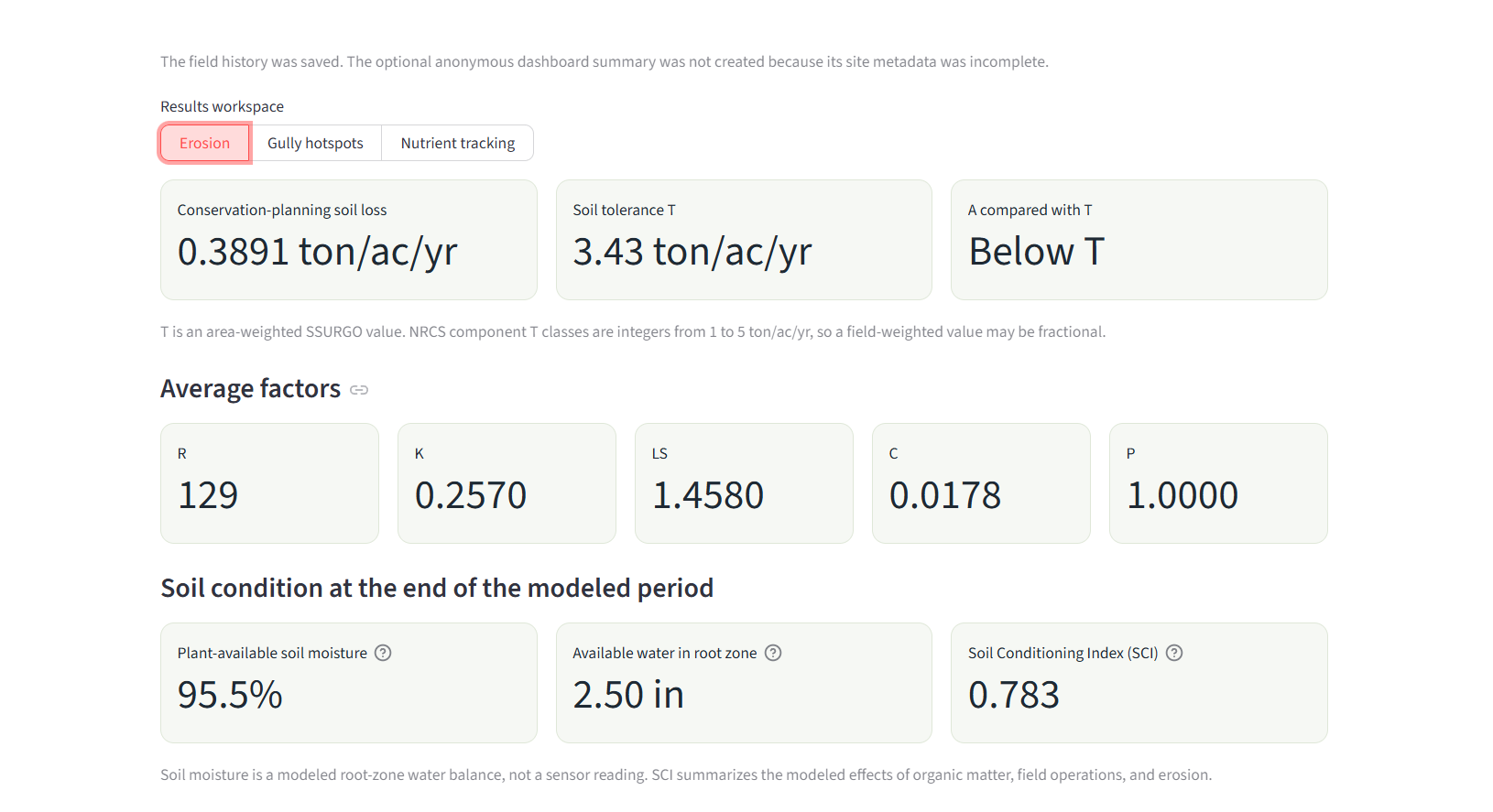 TerrainLogic final erosion results with annual soil loss, soil tolerance, RUSLE factors, moisture, and Soil Conditioning Index