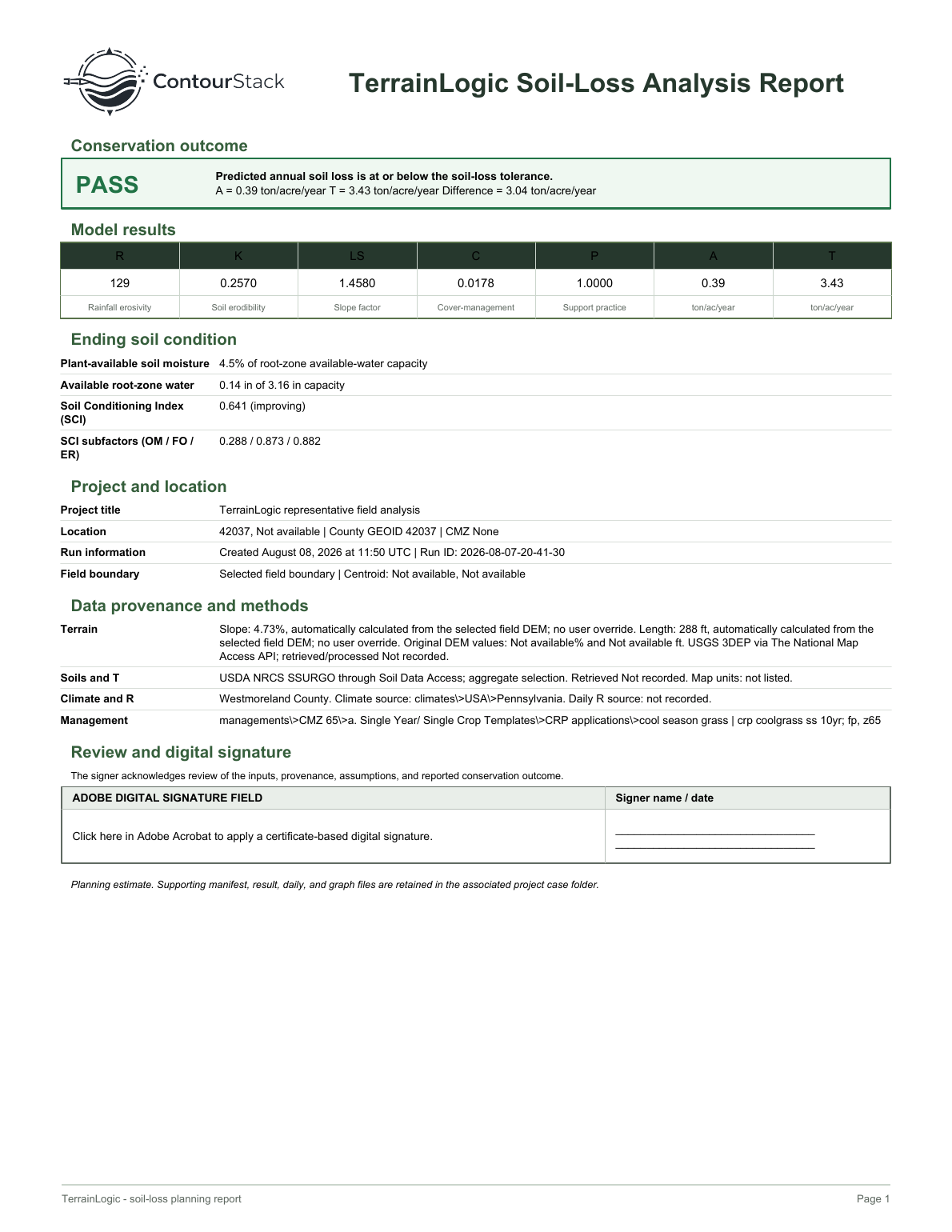 First page of a generated TerrainLogic soil-loss analysis report