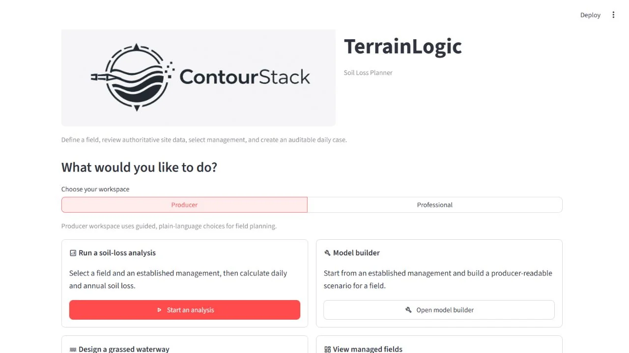 TerrainLogic home screen showing the available workflows
