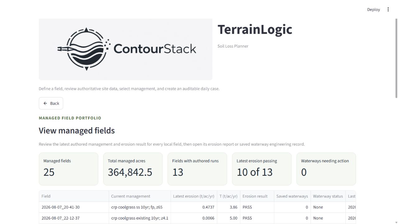 TerrainLogic managed-field portfolio showing field totals, current management, and erosion results