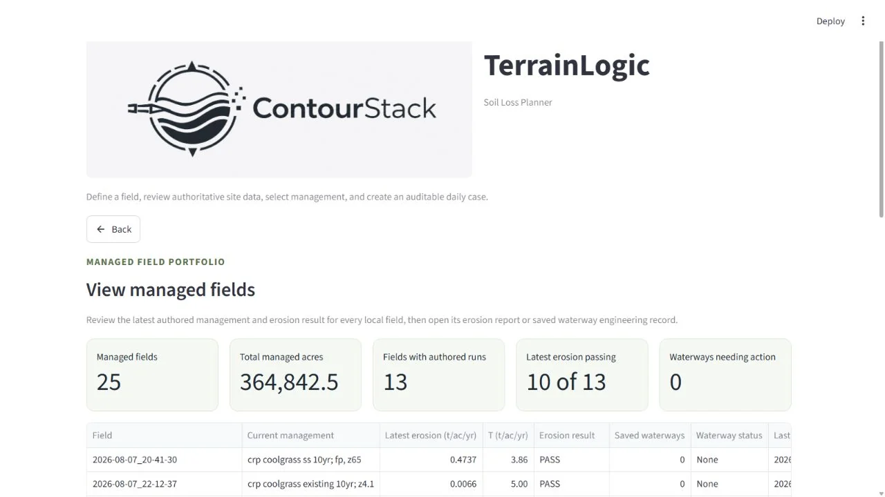 TerrainLogic managed-field portfolio showing field totals, current management, and erosion results