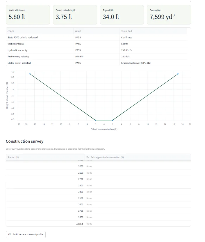 TerrainLogic preliminary terrace dimensions, checks, cross section, and construction survey