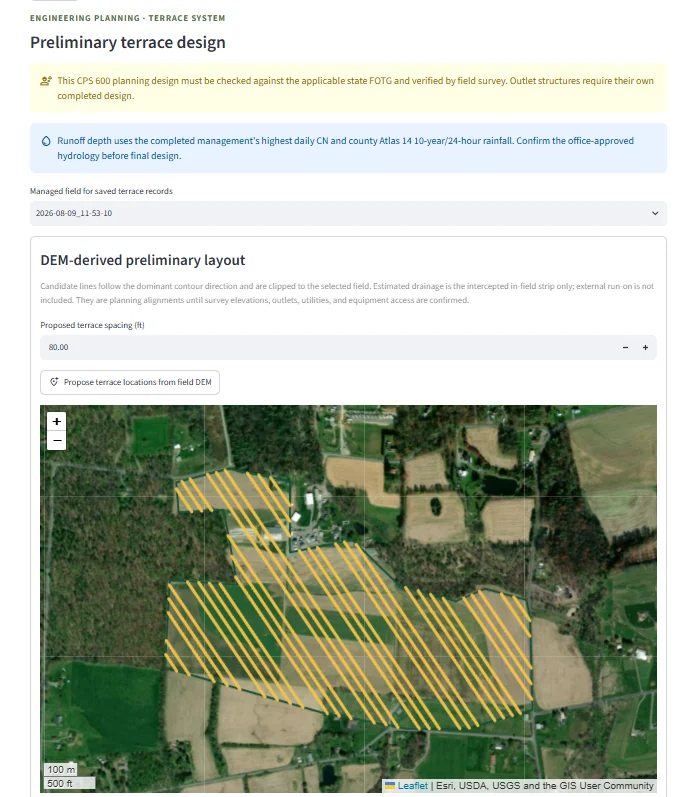 TerrainLogic terrace page with DEM-proposed terrace alignments over satellite imagery